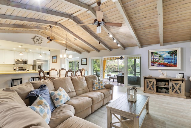 10174 Dogwood Ave, Palm Beach Gardens, FL 33410 - living area featuring wood ceiling, a ceiling fan, light wood-style floors, and a chandelier