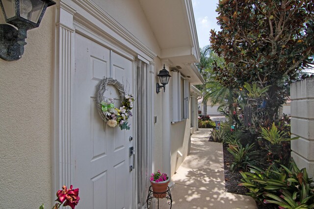 property entrance featuring stucco siding