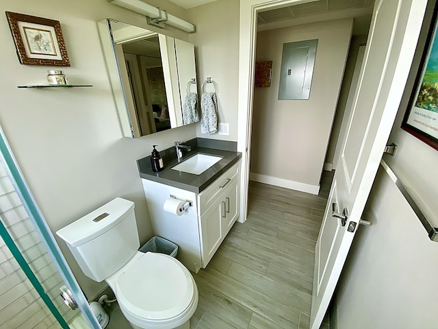 bathroom with vanity, hardwood / wood-style flooring, electric panel, and toilet