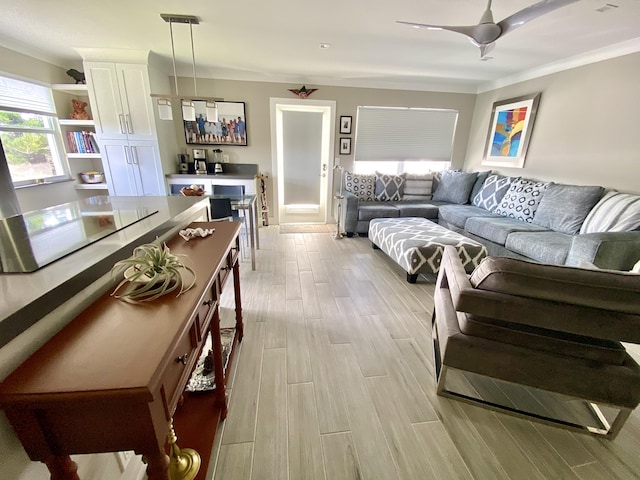 living room with crown molding