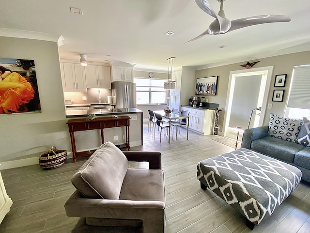 living room featuring crown molding, sink, and ceiling fan