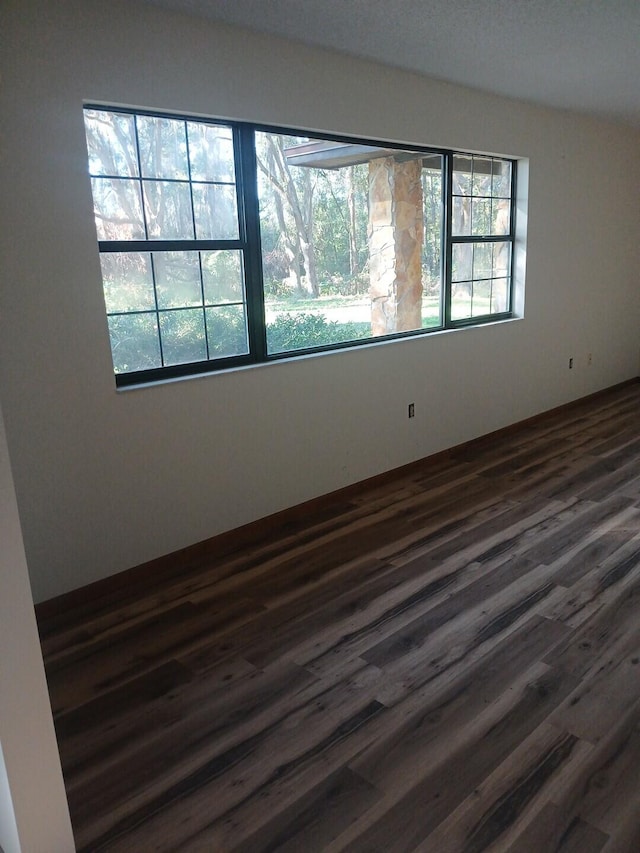 unfurnished room with dark wood-type flooring