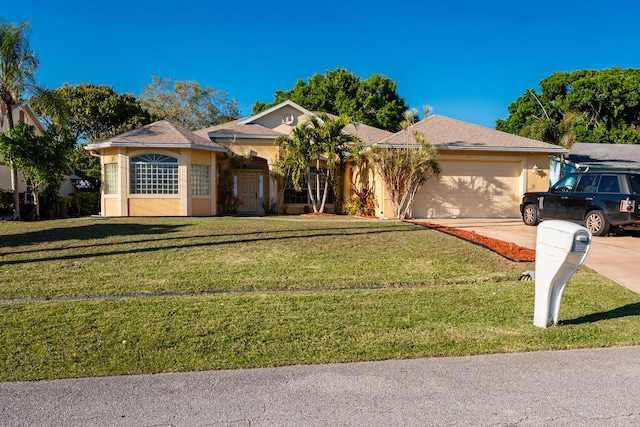 ranch-style home with a garage, concrete driveway, a front lawn, and stucco siding