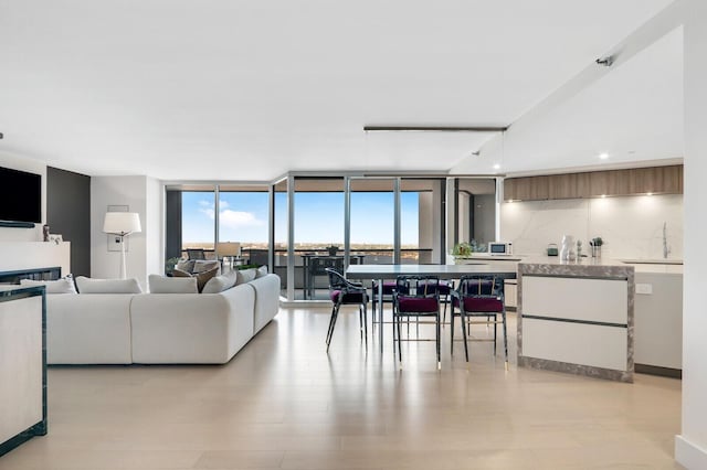 living room featuring a wall of windows