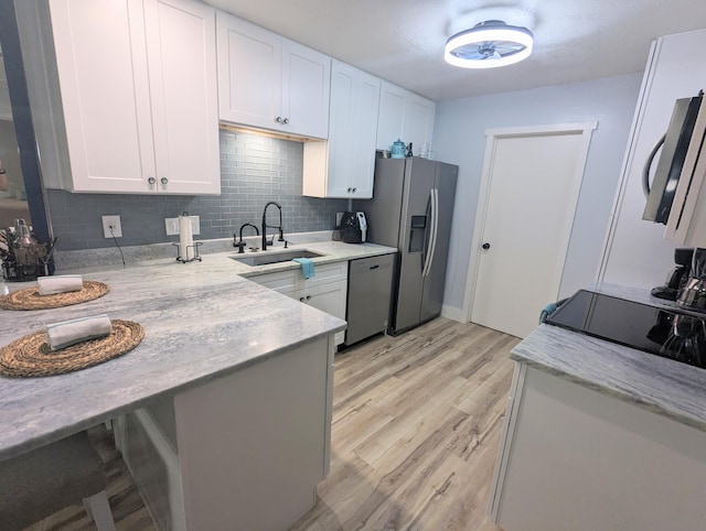 kitchen with sink, white cabinetry, light hardwood / wood-style flooring, appliances with stainless steel finishes, and kitchen peninsula