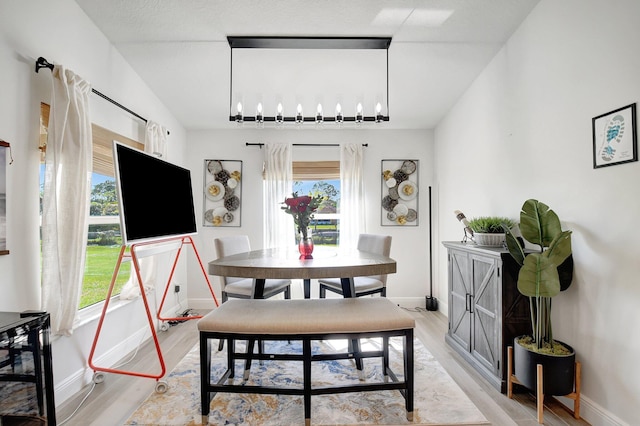 dining space with lofted ceiling and light hardwood / wood-style flooring