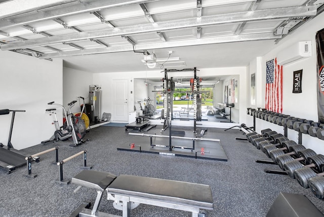 workout area featuring a wall mounted air conditioner and water heater