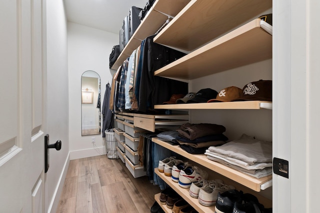 walk in closet with wood-type flooring