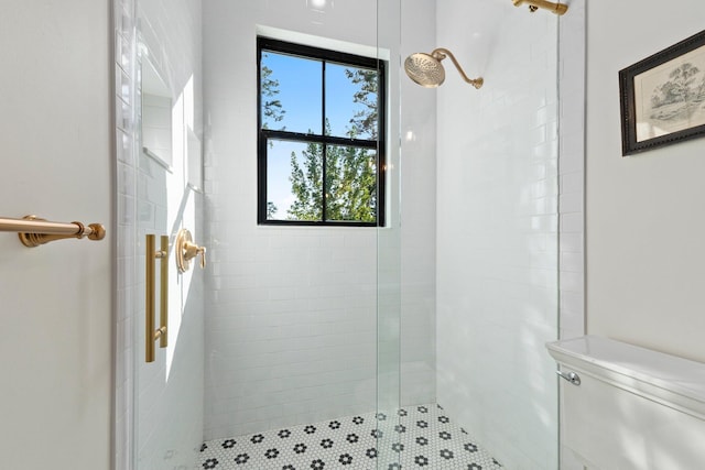 bathroom featuring toilet and a shower with door