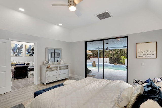 bedroom featuring ceiling fan, light hardwood / wood-style floors, and access to outside