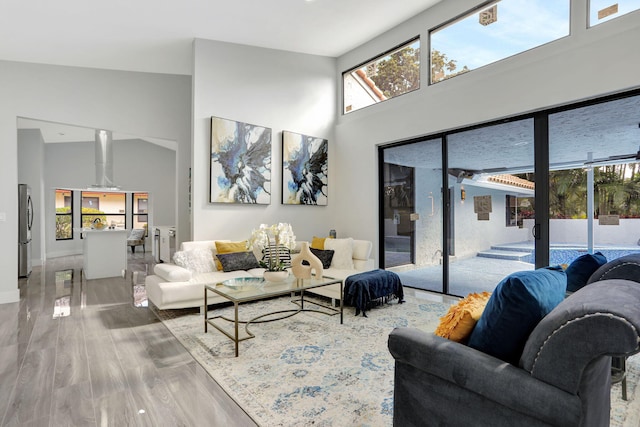 living room with wood-type flooring and a high ceiling