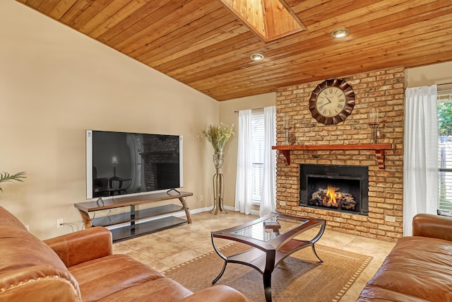 living area featuring lofted ceiling, light tile patterned floors, wood ceiling, and a fireplace