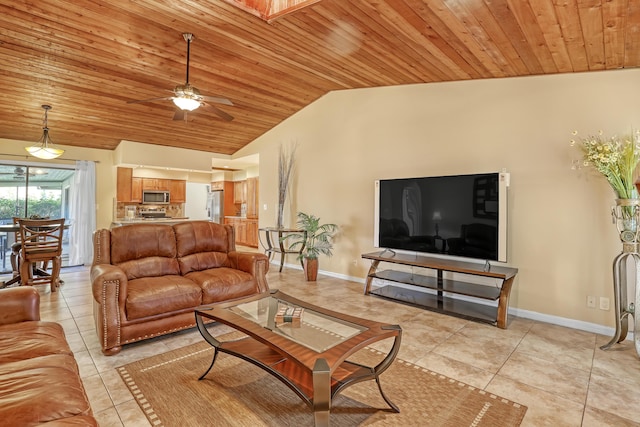 living area featuring light tile patterned floors, lofted ceiling, wood ceiling, and baseboards