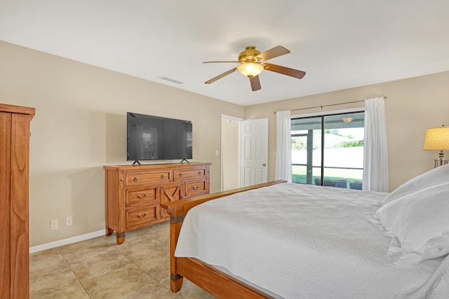 bedroom featuring light tile patterned floors, visible vents, baseboards, ceiling fan, and access to outside