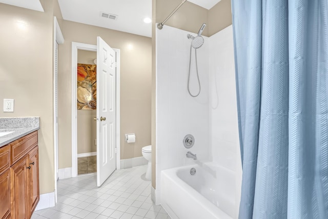 bathroom featuring tile patterned flooring, toilet, shower / tub combo, vanity, and visible vents