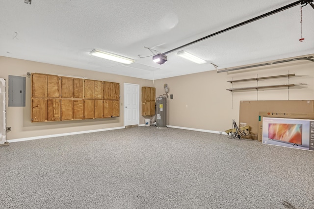 garage featuring baseboards, electric panel, electric water heater, and a garage door opener