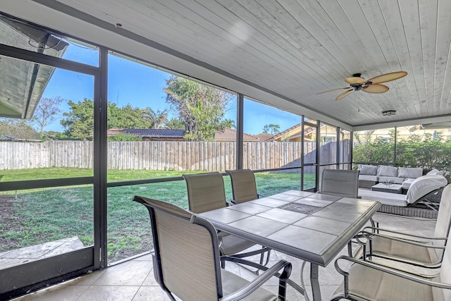 sunroom / solarium featuring wooden ceiling and ceiling fan