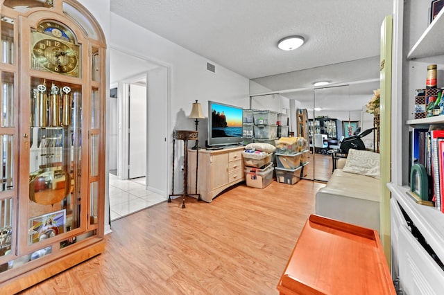 living room featuring a textured ceiling and light wood-type flooring