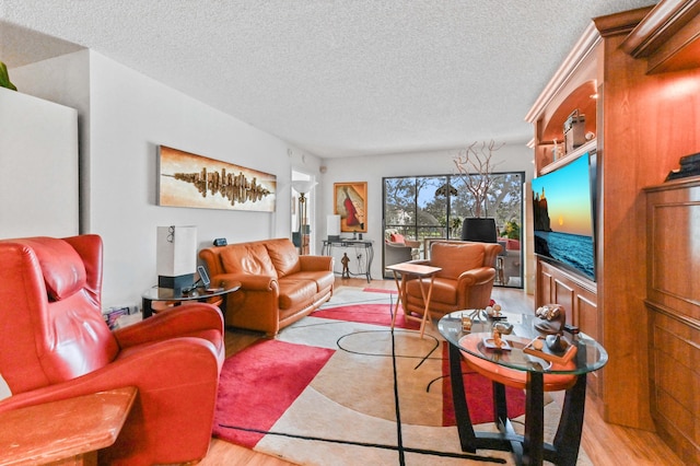 living room featuring light hardwood / wood-style flooring and a textured ceiling