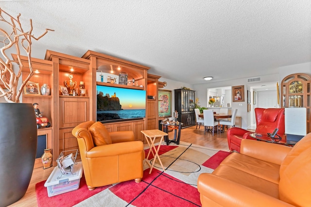 living room with light hardwood / wood-style floors and a textured ceiling