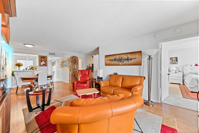 living room featuring a textured ceiling and light wood-type flooring