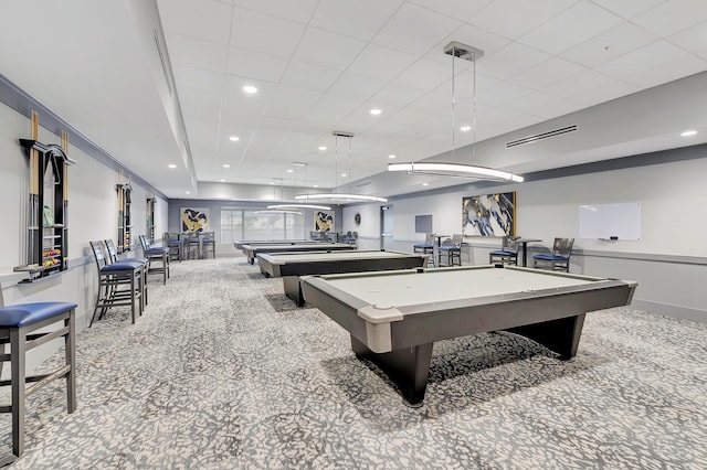 rec room featuring light carpet and billiards