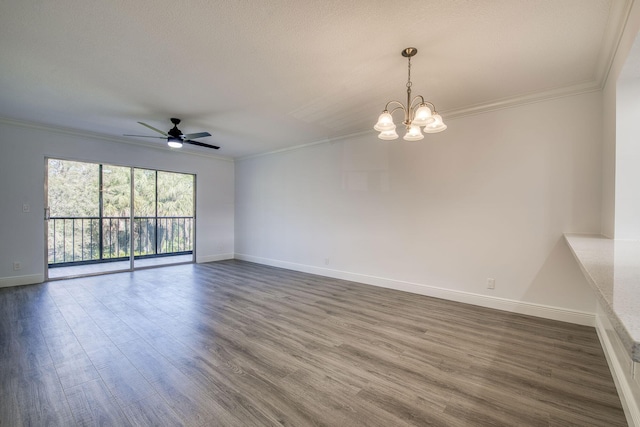 7281 Amberly Ln Unit 306, Delray Beach, FL 33446 - unfurnished room featuring baseboards, crown molding, ceiling fan, dark wood-type flooring, and a chandelier