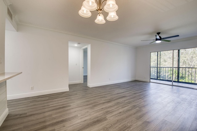 7281 Amberly Ln Unit 306, Delray Beach, FL 33446 - unfurnished living room with crown molding, dark wood-style floors, baseboards, a ceiling fan, and a chandelier
