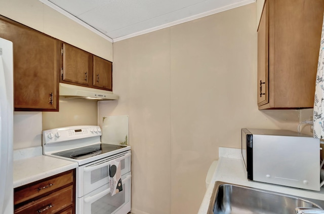 kitchen with range with two ovens, under cabinet range hood, a sink, light countertops, and ornamental molding