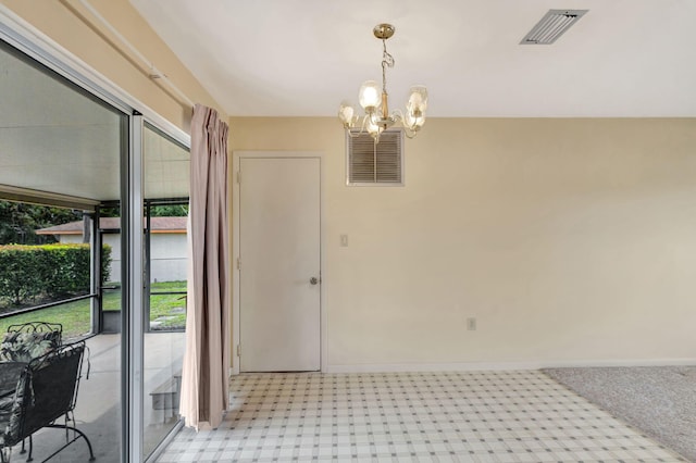 doorway featuring light floors, baseboards, visible vents, and a chandelier