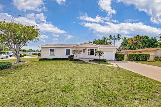 ranch-style home with concrete driveway, a front lawn, and an attached garage