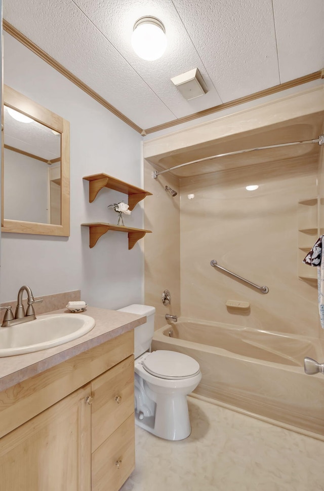 full bathroom with  shower combination, toilet, crown molding, and vanity