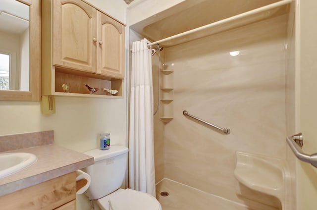 full bath featuring a shower stall, toilet, and vanity