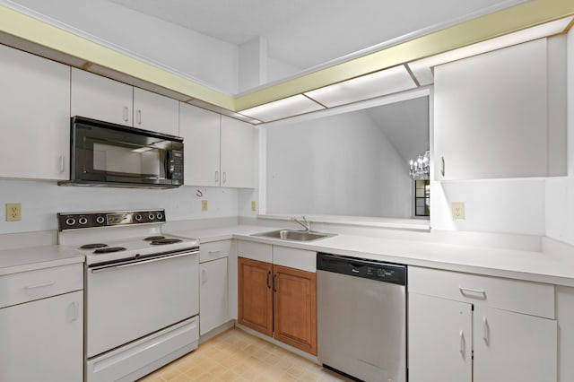 kitchen with white cabinets, dishwasher, sink, and white range with electric stovetop