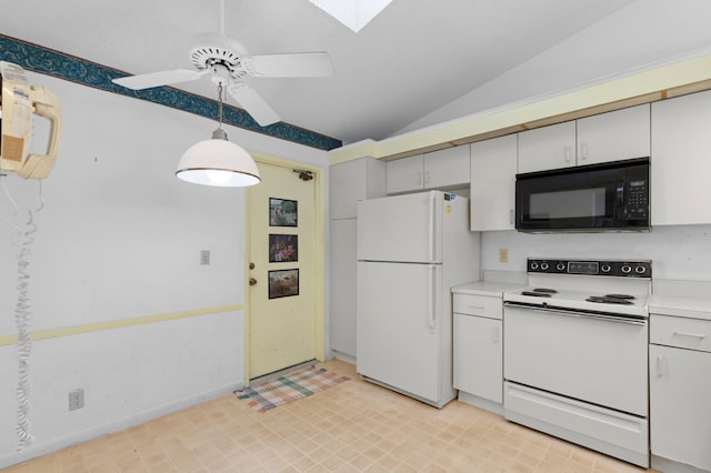 kitchen with hanging light fixtures, white appliances, lofted ceiling with skylight, and ceiling fan