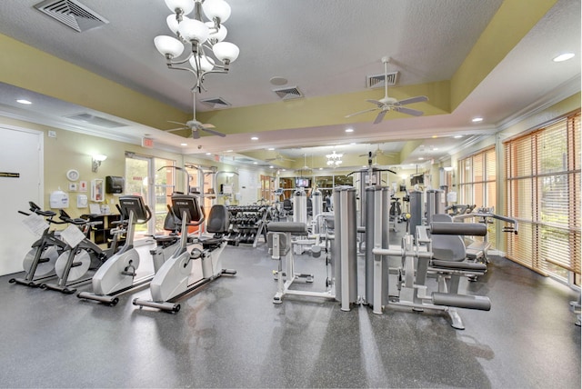 exercise room with crown molding, a raised ceiling, and a textured ceiling