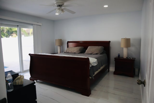 bedroom featuring ceiling fan and access to exterior