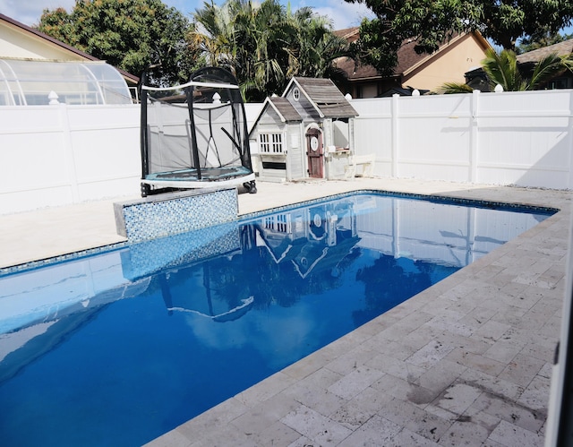 1001 Cape Cod Ter, Greenacres, FL 33413 - view of swimming pool featuring a trampoline, an outbuilding, a shed, a fenced backyard, and a patio