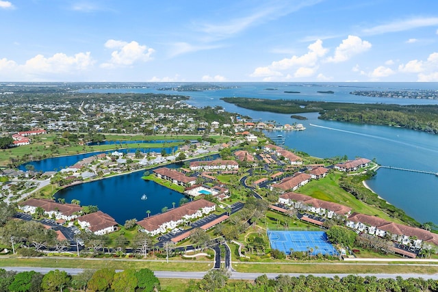 drone / aerial view with a water view