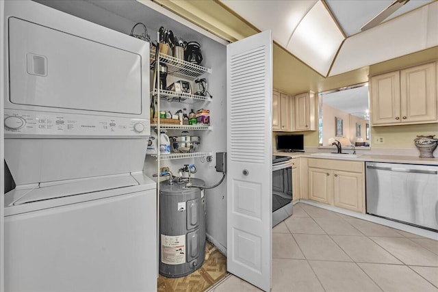 laundry area featuring stacked washer and clothes dryer, sink, water heater, and light tile patterned floors