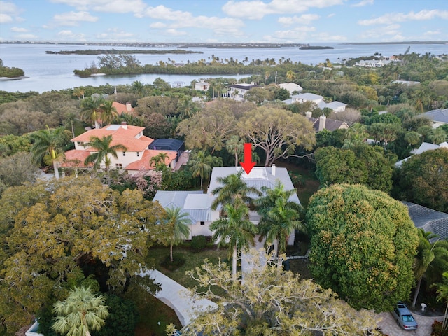 drone / aerial view featuring a water view