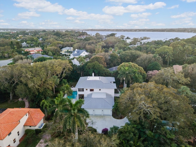 drone / aerial view featuring a water view