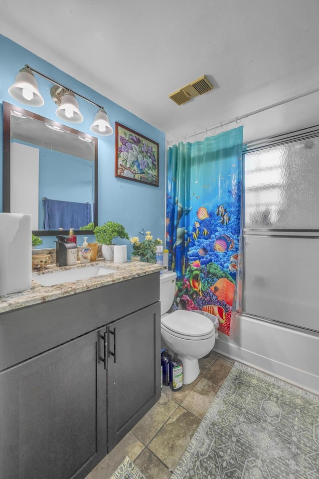 full bathroom with toilet, vanity, and shower / bath combo with shower curtain