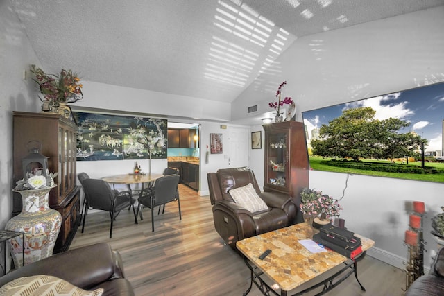 living room with lofted ceiling, hardwood / wood-style floors, and a textured ceiling