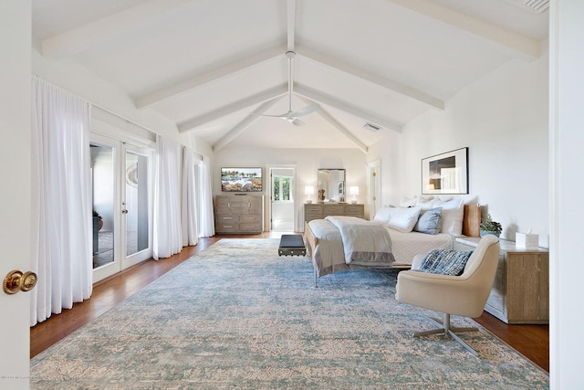 bedroom with hardwood / wood-style flooring, access to exterior, and vaulted ceiling with beams