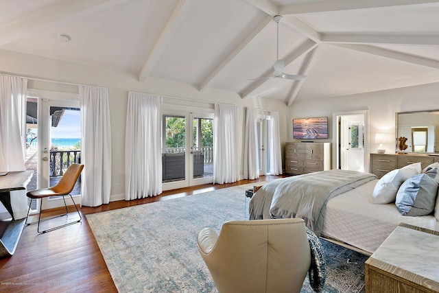 bedroom featuring lofted ceiling with beams, wood-type flooring, access to outside, ceiling fan, and french doors