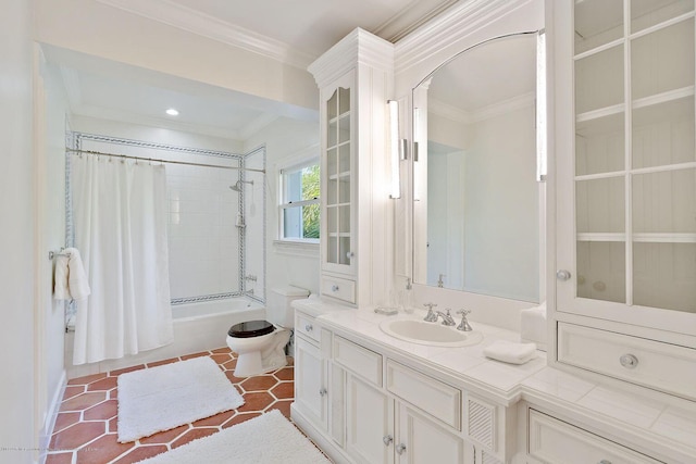 full bathroom with shower / tub combo with curtain, tile patterned floors, toilet, crown molding, and vanity