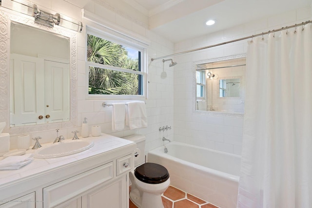 full bathroom with shower / tub combo with curtain, toilet, tasteful backsplash, tile walls, and vanity