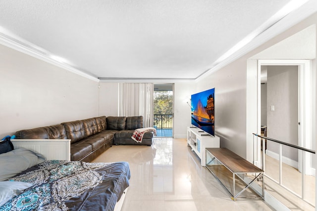 living room with ornamental molding, a textured ceiling, and light tile patterned floors