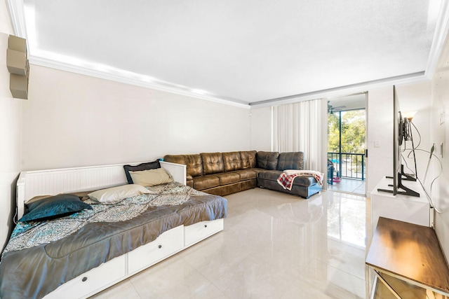 bedroom featuring tile patterned floors, access to outside, and ornamental molding